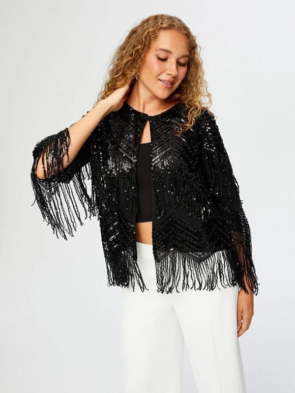 Faik Sönmez Saçaklı Payetli Kadın Abiye Ceket UW26CKT001 - Image 1