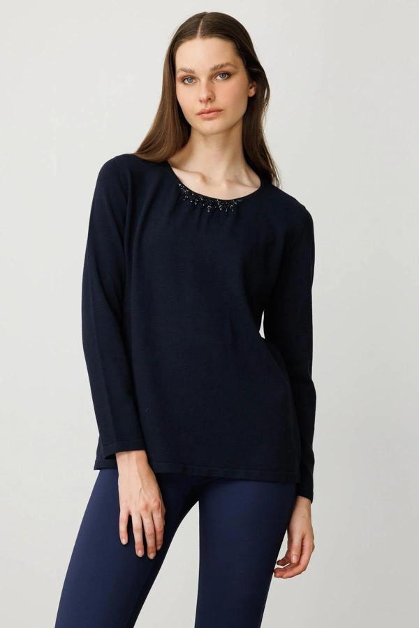 Desen Triko Sıfır Yaka Dantel Çiçek İşlemeli Kadın Bluz 25093 - Image 1