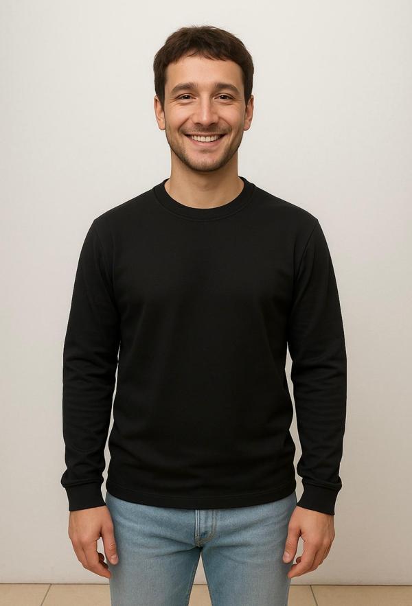 Erkek Siyah Sweatshirt-W1083 2 İplik Şardonsuz - Image 1