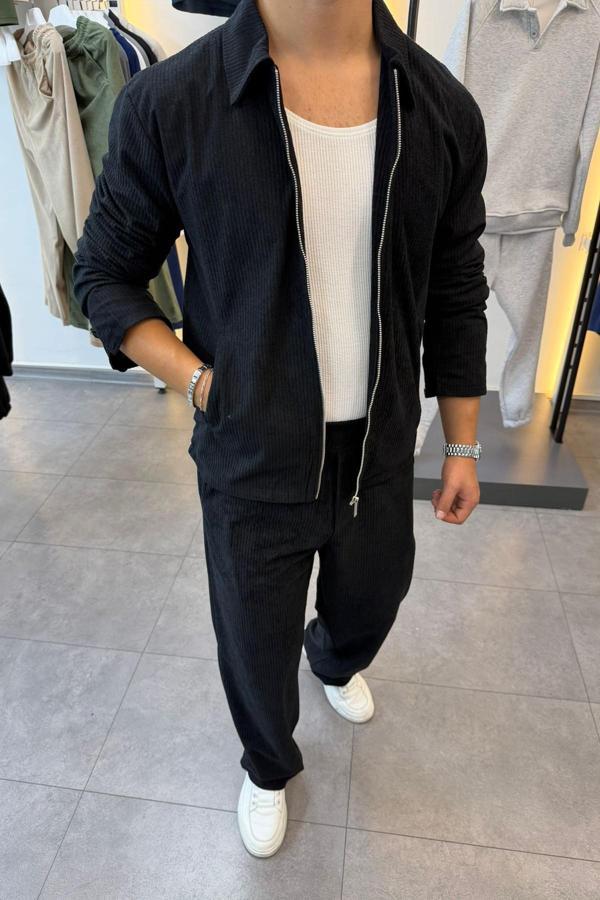 Slimfit Yakalı Astarlı Yan Cep Baggy Pantolonlu Kadife Takım - Image 1