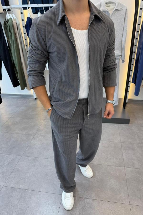 Slimfit Yakalı Astarlı Yan Cep Baggy Pantolonlu Kadife Takım - Image 1