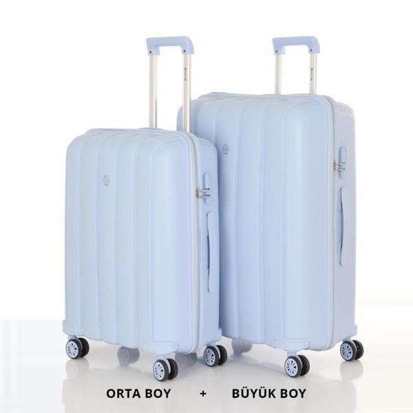 MÇS Bavul Büyük ve Orta 2li Set Kırılmaz Silikon Valiz V305 BebeMavi - Image 1
