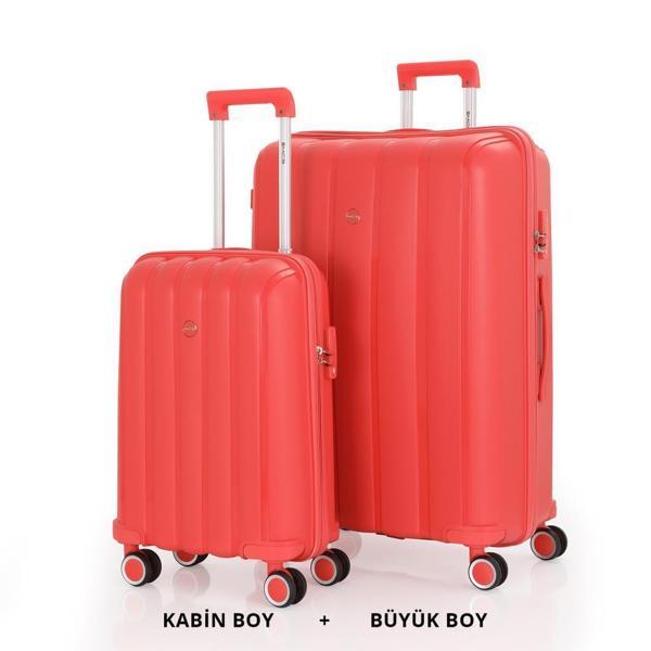 MÇS Bavul Büyük ve Kabin 2li Set Kırılmaz Silikon Valiz V305 Mercan - Image 1
