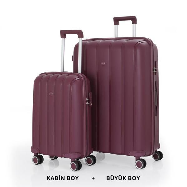 MÇS Bavul Büyük ve Kabin 2li Set Kırılmaz Silikon Valiz V305 Mürdüm - Image 1