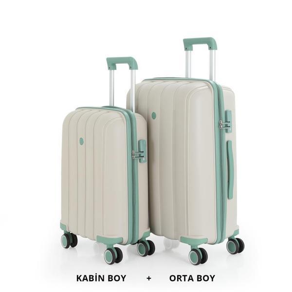 MÇS Bavul Orta ve Kabin 2li Set Kırılmaz Silikon Valiz V305 Kemik/SuYeşili - Image 1