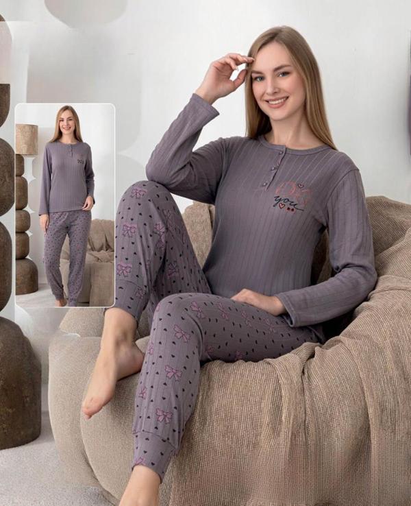 Lindros Kadın Pamuk'lu Düğme Yaka Raporlu İnterlok KIŞLIK Pijama Takımı 0274 - 1 Adet  - Image 1