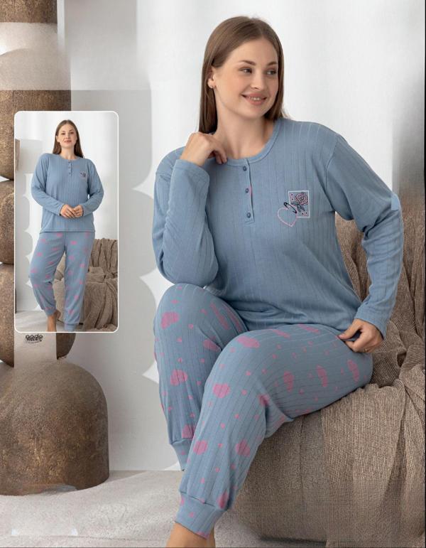 Lindros Kadın Pamuk'lu Düğme Yaka Raporlu İnterlok KIŞLIK Battal Pijama Takımı 0242 - 1 Adet  - Image 1