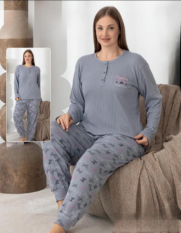 Lindros Kadın Pamuk'lu Düğme Yaka Raporlu İnterlok KIŞLIK Battal Pijama Takımı 0243 - 1 Adet  - Image 1