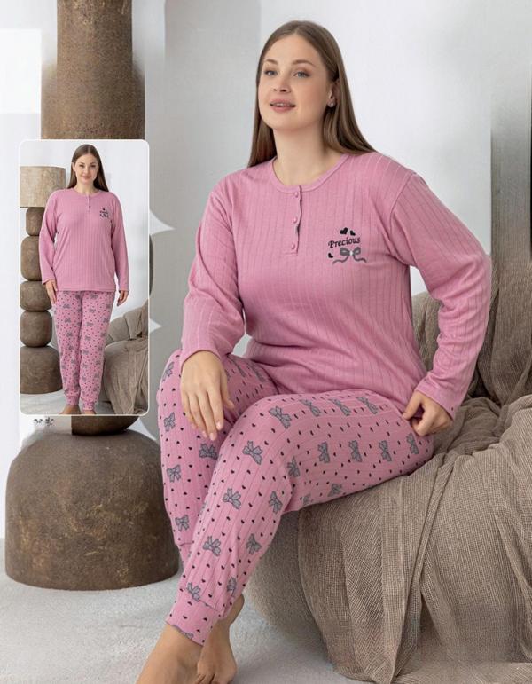 Lindros Kadın Pamuk'lu Düğme Yaka Raporlu İnterlok KIŞLIK Battal Pijama Takımı 0255 - 1 Adet  - Image 1