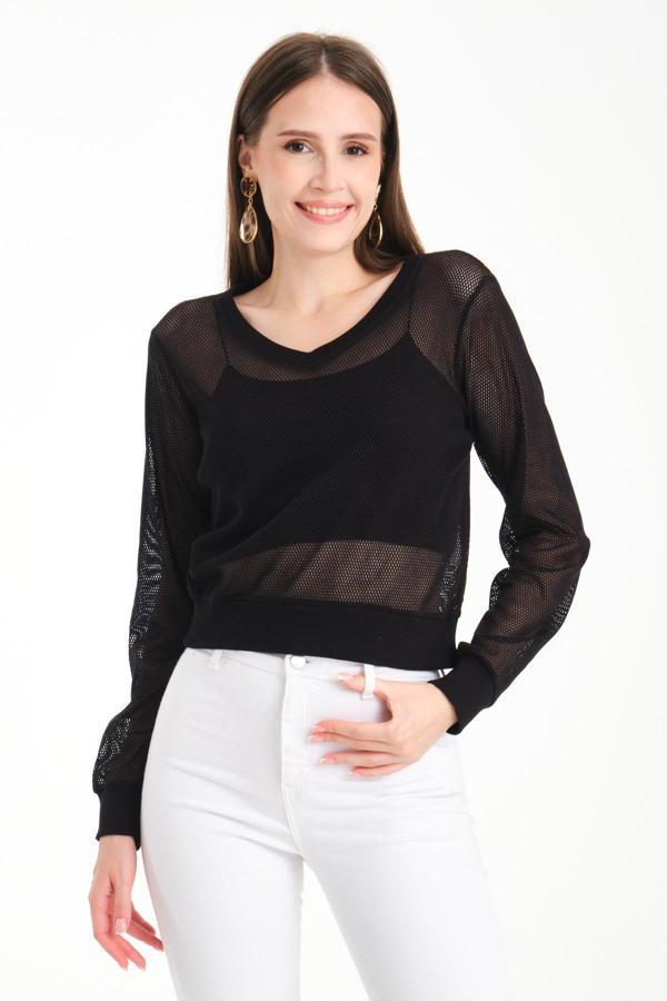 V Yaka Petek File Bluz - Image 1