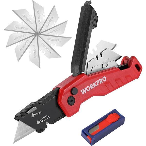 WORKPRO WP211026 Katlanır Çok Amaçlı Profesyonel Rötuş Maket Bıçağı + 14 Adet Yedek Bıçak - Image 1