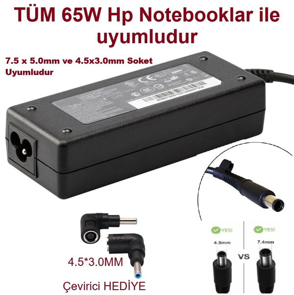 Hp / Compaq 18.5V 3.5A 65W (7.4*5.0mm / 4.5*3.0mm) Notebook Adaptörü Universal (Çeviricili) - Image 1