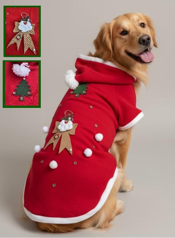 Santa Bow Kırmızı Yılbaşı Köpek Kıyafeti | Noel Baba Kapüşonlu Polar Sweatshirt | Orta ve Büyük Irklar İçin - Image 1