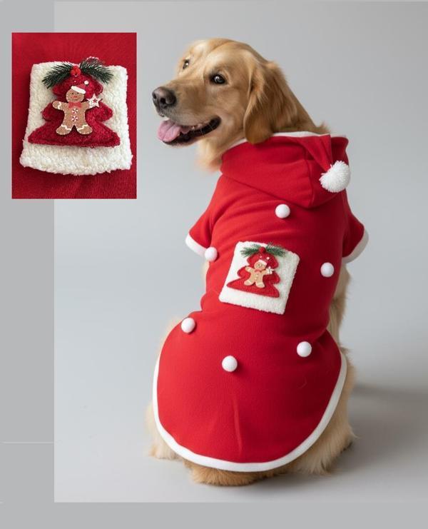 RED Tree Kırmızı Yılbaşı Köpek Kıyafeti | Noel Baba Kapüşonlu Polar Sweatshirt | Orta ve Büyük Irklar İçin - Image 1