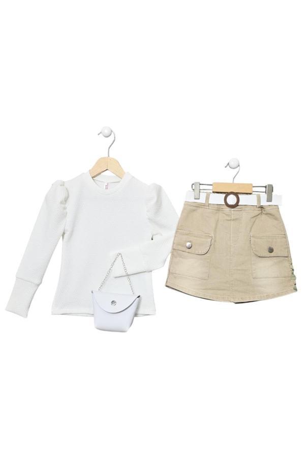 Celira Bej Danteli Triko Kız Çocuk Ceket Etek Takım 1028 - Image 1