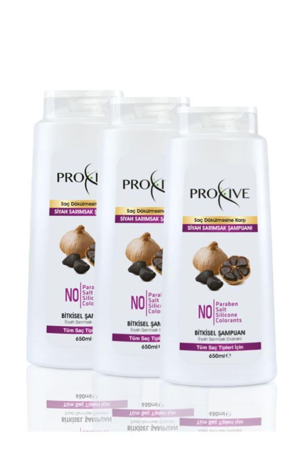 Proxive Tuzsuz Parabensiz Silikonsuz Boyasız Siyah Sarımsak Özlü Bitkisel Şampuan 650 Ml X 3 Lü - Image 1