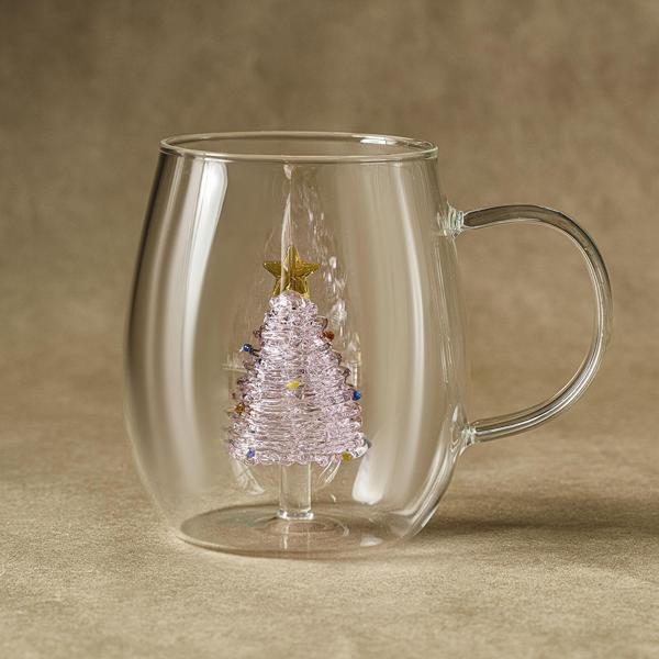 Karaca New Year Yılbaşı Pink Pine Tree Cam Kupa 440 ml - Image 1