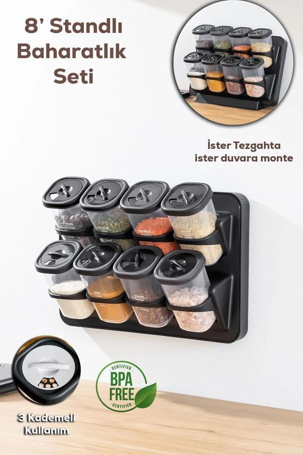 Pointtech 8Li Asmalı Kendinden Yapışkanlı Tezgah Üstü Standlı Döner Kapaklı Baharatlık Seti - Image 1