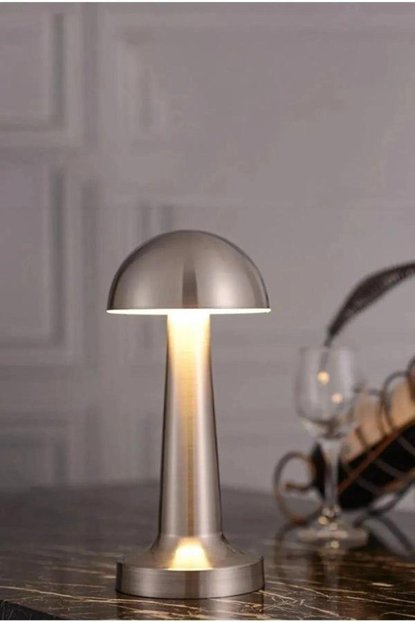 Pointtech Masa Üstü Lamba - Ledli Masa Lambası - Şarjlı Mantar Gece Lambası Led Abajur Gümüş Krom 20 Cm 1 Adet - Image 1