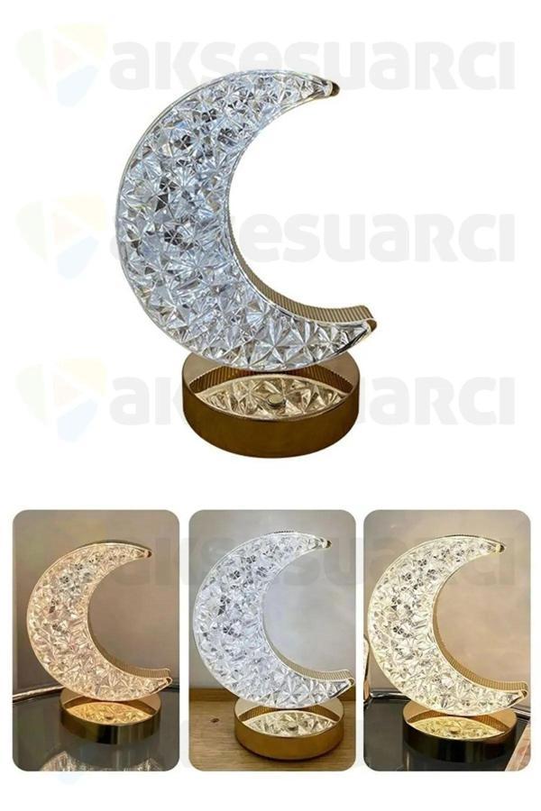 Pointtech Ay Hilal Kristal Elmas Gold 3 Renkli Masa Lambası Led Dokunmatik Romantik Loş Akrilik Gece Işığı - Image 1