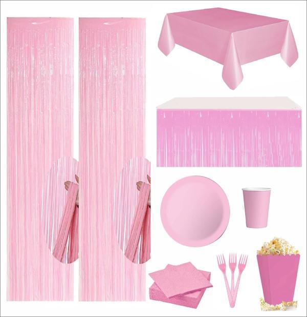 Pembe Masa Örtüsü, Pembe Masa Eteği, 2 Pembe Fon, 8 Pembe Tabak, 8 Pembe Bardak, 8 Pembe Mısır Kutusu, 10 Pembe Çatal, 10 Pembe Peçete - Image 1