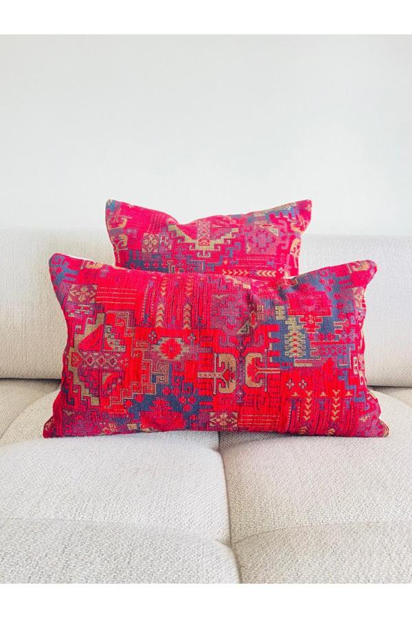 The Boho Home Decor Modern - Kırmızı Kadife 2' Li Dekoratif Kırlent Kılıf Seti | Soyut Ipek Yastık Kılıfı - Image 1
