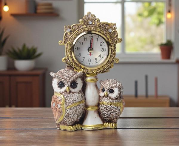 Lüks İşlemeli Saatli 2'li Baykuş Heykeli Dekoratif Masaüstü Biblo Yeni Yıl Ev & Ofis Hediyesi 17 cm. - Image 1