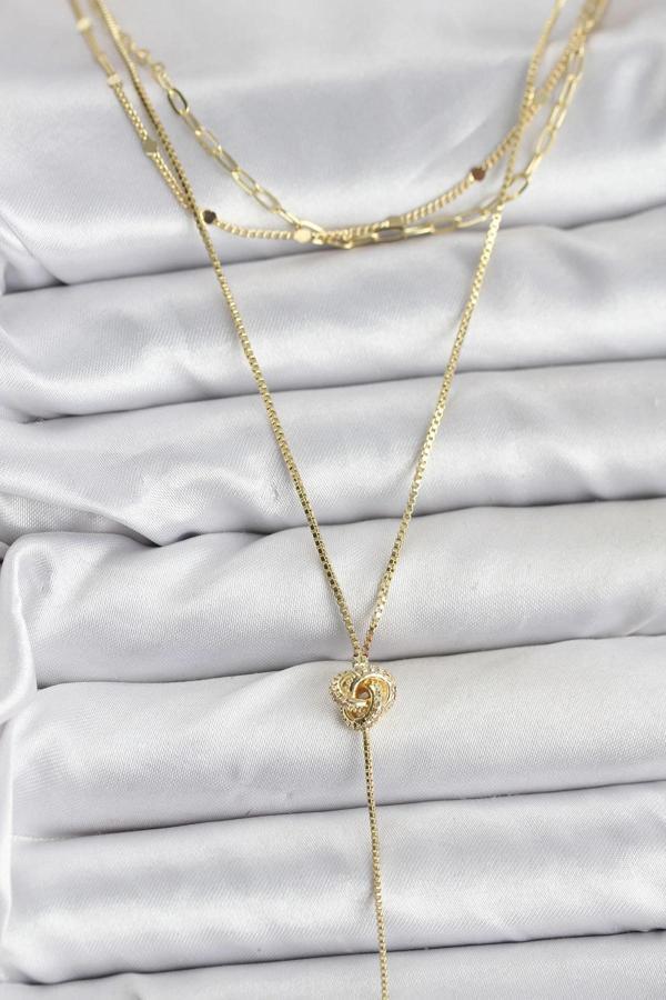 Pirinç Gold Renk Düğüm Model Detaylı 3'lü Kombin Y Kadın Kolye - Image 1