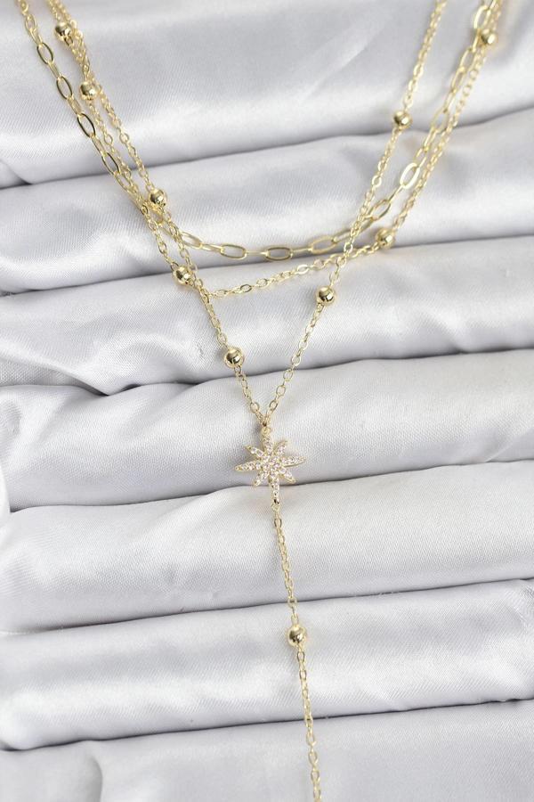 Pirinç Gold Renk Kutup Yıldızı Detaylı 3'lü Kombin Kadın Kolye - Image 1