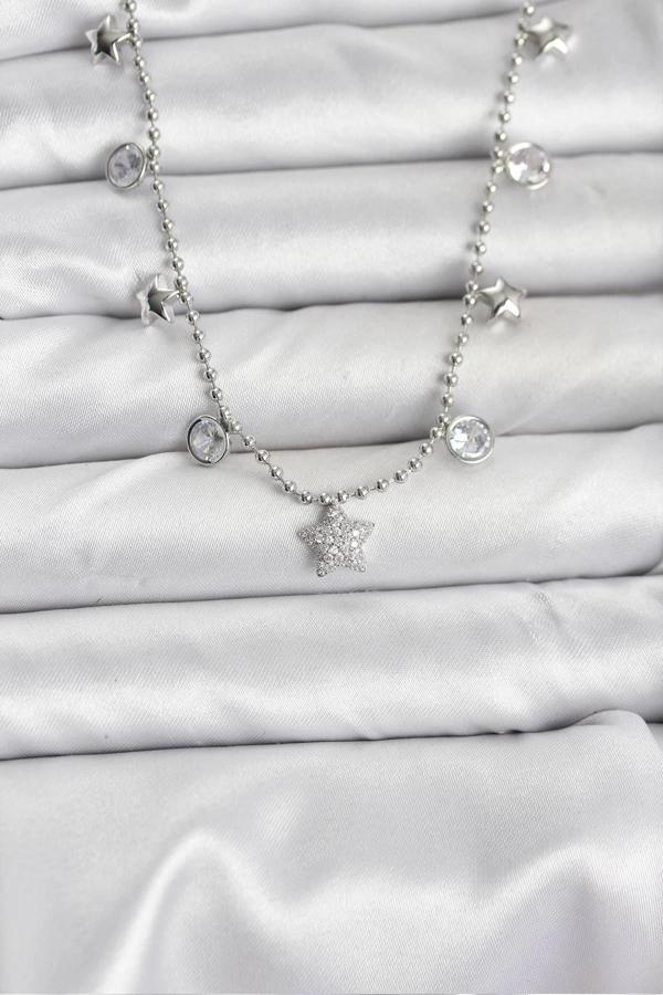 Pirinç Gümüş Renk Yıldız Model Kadın Kolye - Image 1