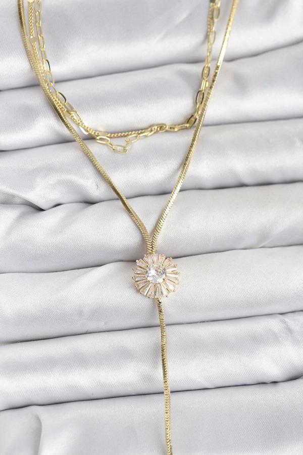 Pirinç Gold Renk Zirkon Taşlı Papatya Model Detaylı 3'lü Kombin Y Kadın Kolye - Image 1