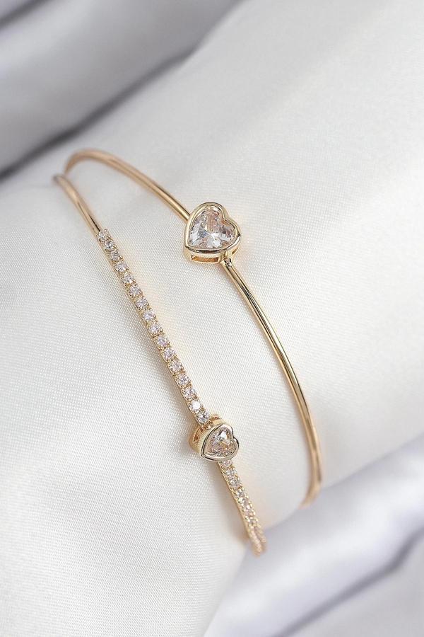 Pirinç Zirkon Taşlı Kalp Model Gold Renk Kadın Bileklik - Image 1