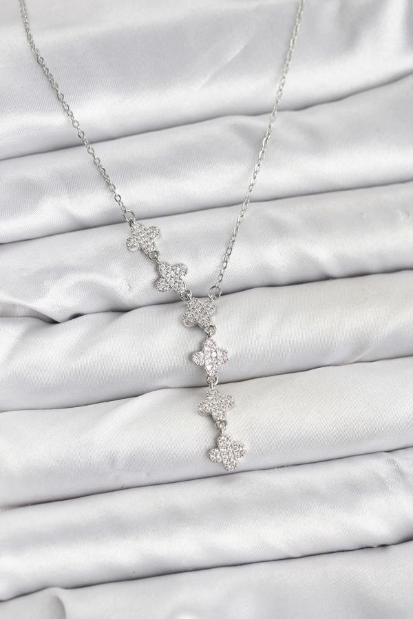 316L Çelik Zincir Gümüş Renk Yonca Model Kadın Kolye - Image 1