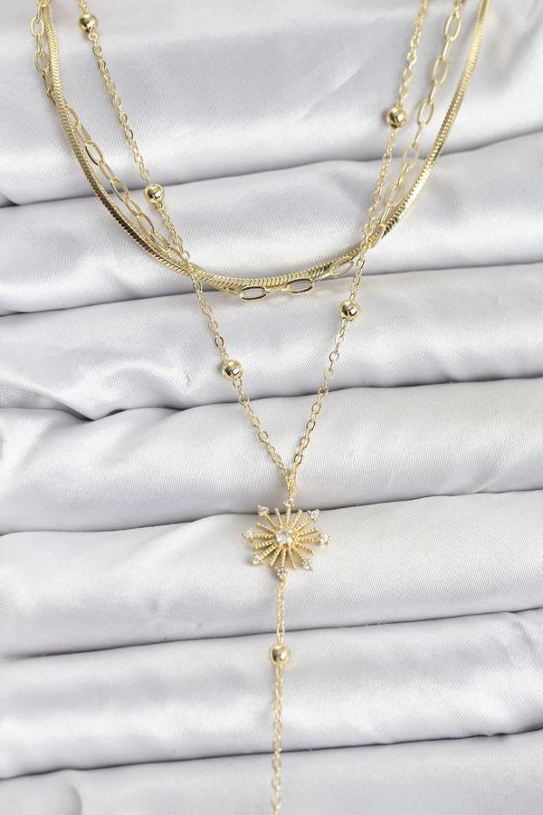 Pirinç Gold Renk Zirkon Taşlı Model Detaylı 3'lü Kombin Y Kadın Kolye - Image 1