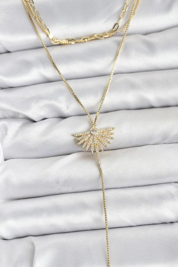 Pirinç Gold Renk Zirkon Taşlı Yelpaze Model Detaylı 3'lü Kombin Y Kadın Kolye - Image 1