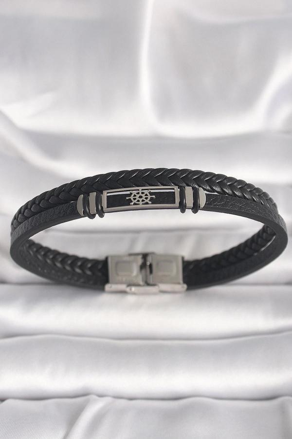 316L Çelik Gümüş Renk Gemi Dümeni Figür Siyah Burgu Deri Kordon Model Erkek Bileklik - Image 1