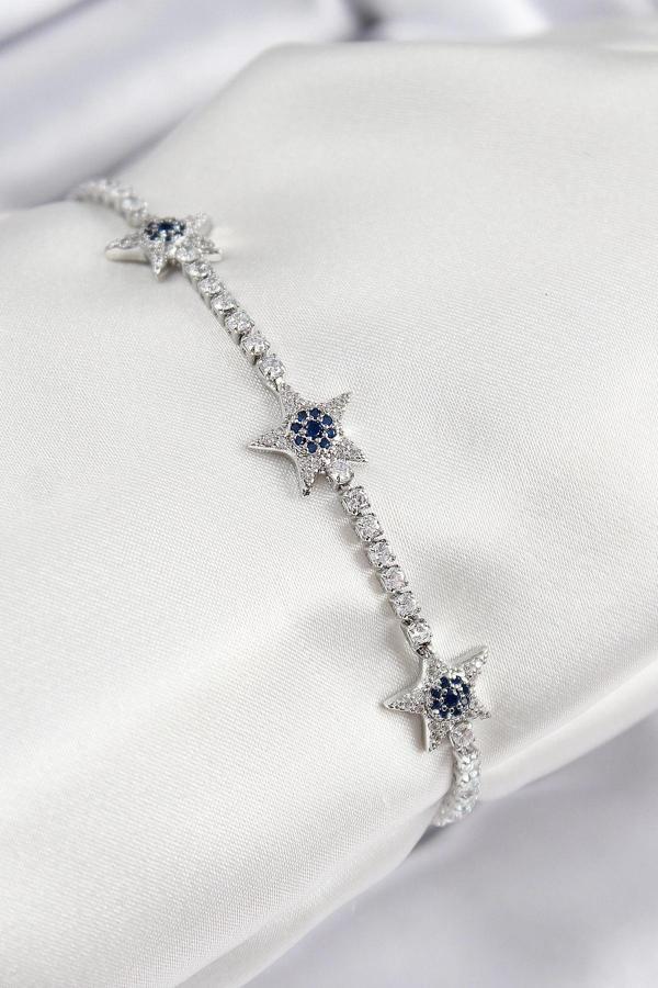 Pirinç Zirkon Taşlı Yıldız Model Gümüş Renk Kadın Bileklik - Image 1