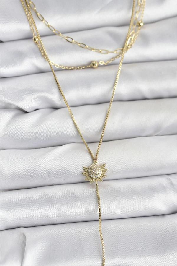 Pirinç Gold Renk Zirkon Taşlı Güneş Model Detaylı 3'lü Kombin Y Kadın Kolye - Image 1