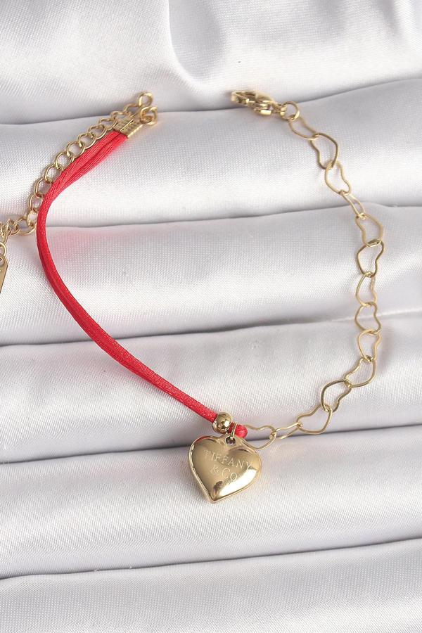 316L Çelik Gold Renk Zincir Kırmızı İp Model Sallantı Kalp Figür İşleme Detaylı Kadın Bileklik - Image 1