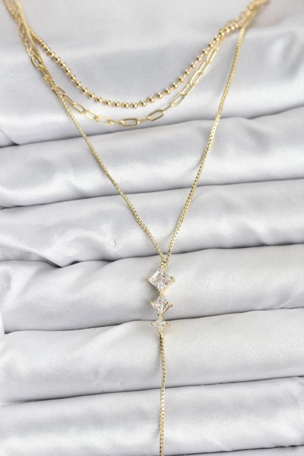 Pirinç Gold Renk Zirkon Taş Detaylı 3'lü Kombin Y Kadın Kolye - Image 1