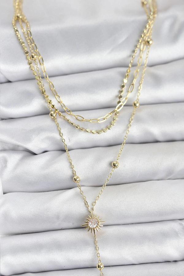 Pirinç Gold Renk Güneş Model Detaylı 3'lü Kombin Y Kadın Kolye - Image 1