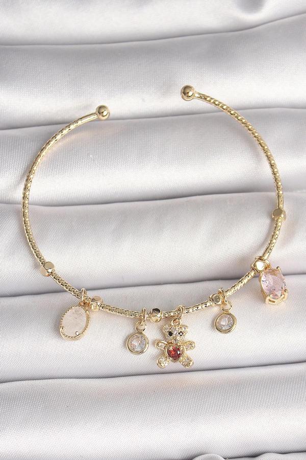 Pirinç Gold Renk Sallantı Zirkon Taşlı Ayıcık Figür Kırmızı Kalp Detay Charm Kadın Bileklik - Image 1