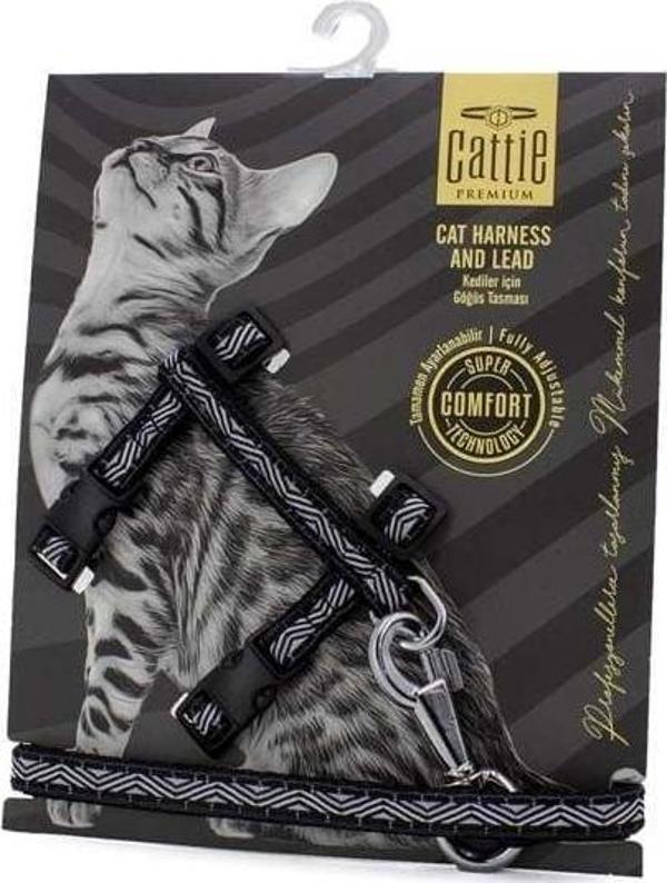 Cattie Desenli Kedi Göğüs ve Gezdirme Tasma Aparatı Siyah 1x25-40 Cm - Image 1