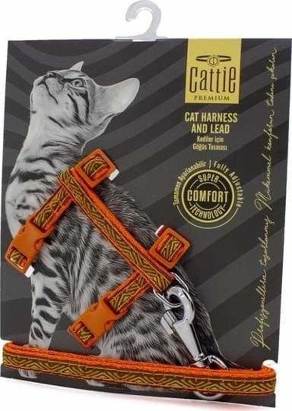 Cattie Desenli Kedi Göğüs ve Gezdirme Tasma Aparatı Turuncu 1x25-40 Cm - Image 1