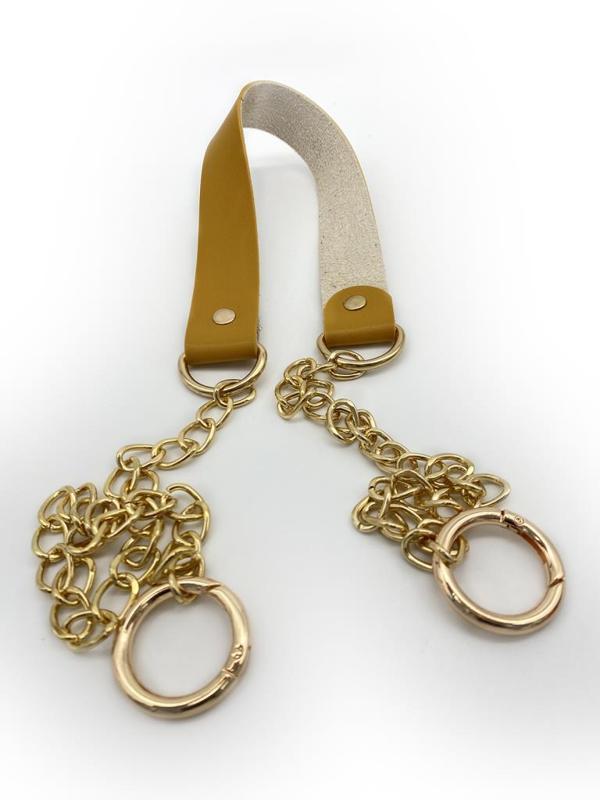 Çanta Aksesuar Tek Kat Suni Deri Hardal Renk İnce Zincirli Sap Light Gold Metal - Image 1