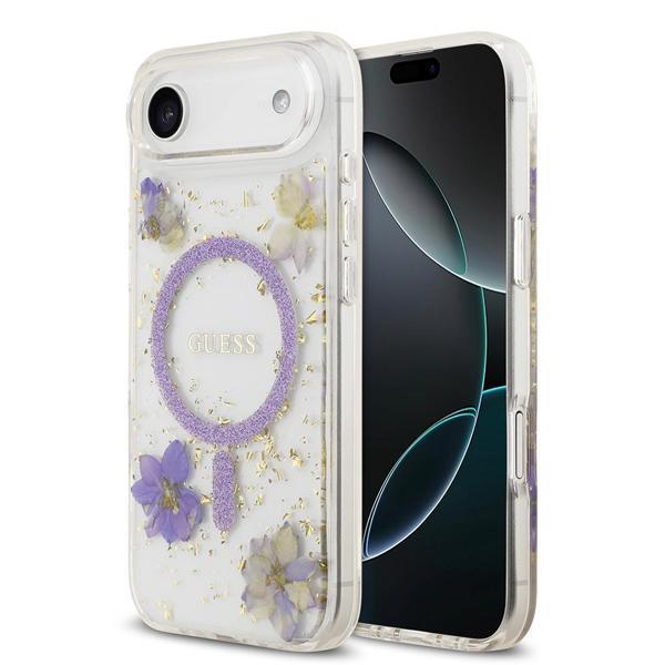 Guess İphone 17 Air Uyumlu Kılıf Lisanslı M-Safe Şarj Özellikli Transparan Resin Flowers Kapak Mor - Image 1