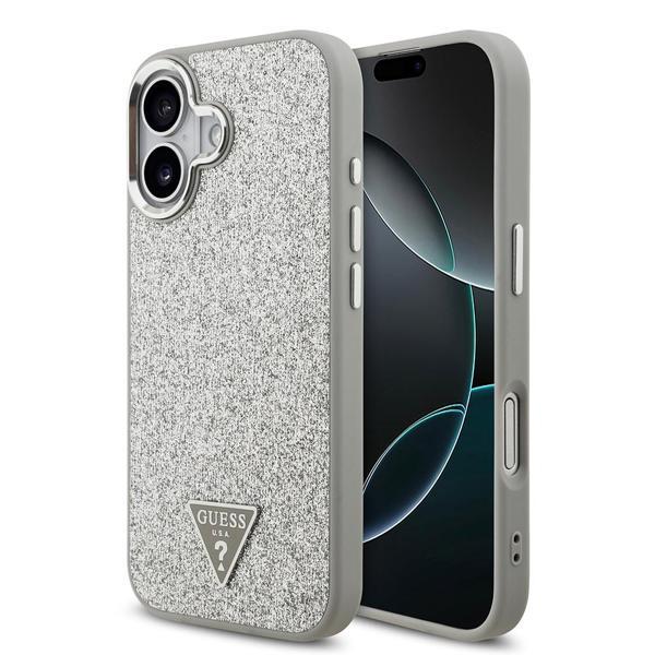 Guess İphone 17 Uyumlu Kılıf Lisanslı M-Safeli Metal Kamera Çerçeveli Üçgen Logolu Glitter Kapak Gri - Image 1