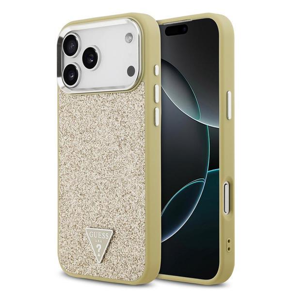 Guess İphone 17 Pro Max Kılıf Lisanslı M-Safeli Metal Kamera Çerçeveli Üçgen Logolu Glitter Gold - Image 1