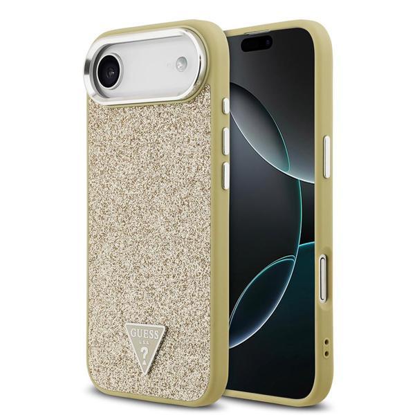 Guess İphone 17 Air Uyumlu Kılıf Lisanslı M-Safeli Metal Kamera Çerçeveli Üçgen Logolu Glitter Gold - Image 1