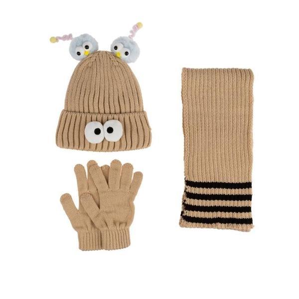 Kitti Çocuk Kız Atkı Bere Eldiven Takım (4-8 Yaş) K24170-09 Bej - Image 1